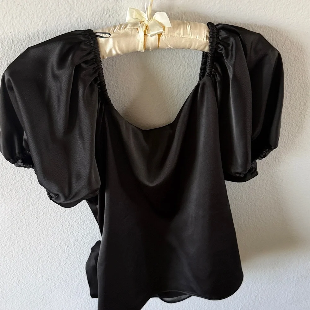 Wayf Black Satin Puff-Sleeve Wrap Blouse